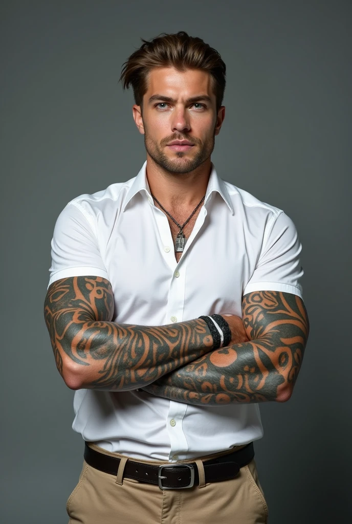 Create a guy in his 30s with Russian and Italian features, Let his eyes be blue, medium light brown hair, height of 1.muscular man with tattoos on his left arm that reach his fingers , A piercing on his lower lip on the right side. That he be dressed in a white dress shirt and khaki pants