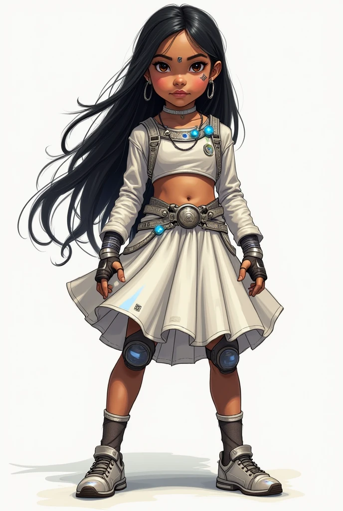 Female child with indigenous features and long dark hair with headphones wearing a long-sleeved cropped top with metal details and accessories. White voluminous skirt with holographic finish. She is a gamer and represents the future. Full body sketch 