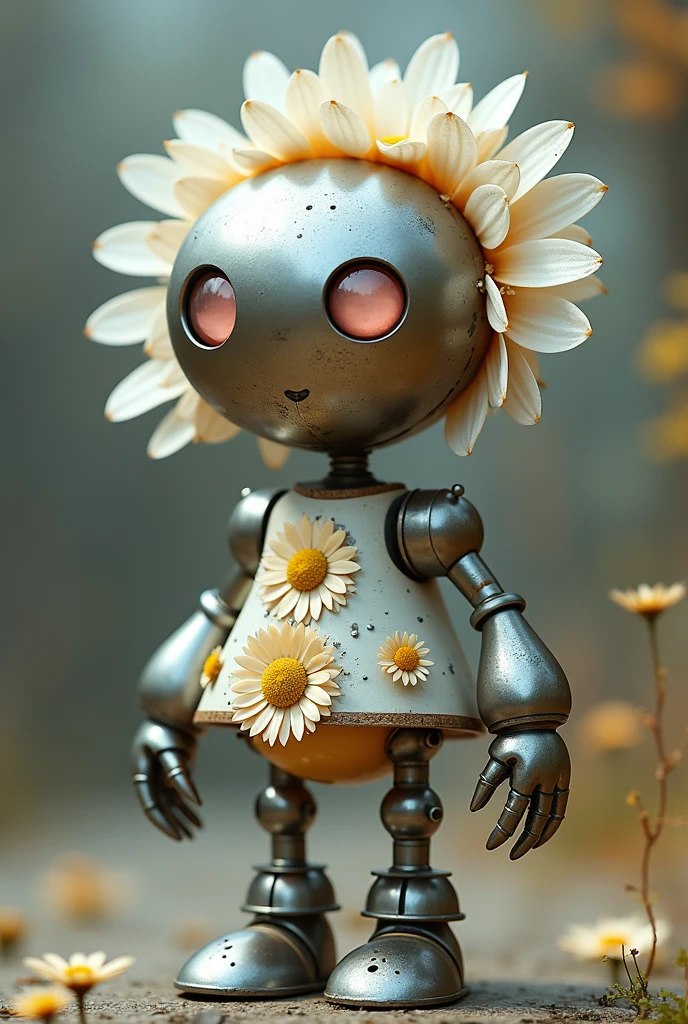 Mechanical object inspired by Margerite one with a round metallic head, with daisy-shaped petals, steel point-shaped arms on it, a metallic sphere-shaped body in a dress with disappointed daisies, light pink eyes, metallic point feet with disappointed daisy symbols.