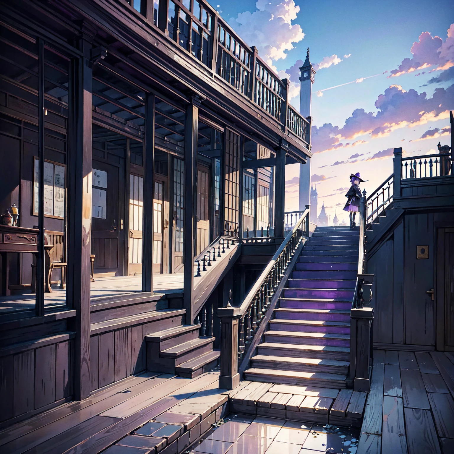 The only structure present in the painting is a simple staircase made of iron. There is no land. There are no walls. The background is nothing but stairs and clouds. A girl with long violet-purple hair. A kind, full smile. Pointy elf ears. Her clothes are simple: a black robe with wide sleeves and a black miniskirt. Her knees are showing. There is a V-shaped white insert in the front, like a kimono. A witch's hat with purple ribbons on each side. Black boots. Background, bright painting, Makoto Shinkai, only endless stairs, stairs above clouds, illustration, nostalgic, vivid, bright, sunset. A maze of connected stairs. A labyrinth of stairs. Not touching land. A simple iron staircase. Decaying old staircase.