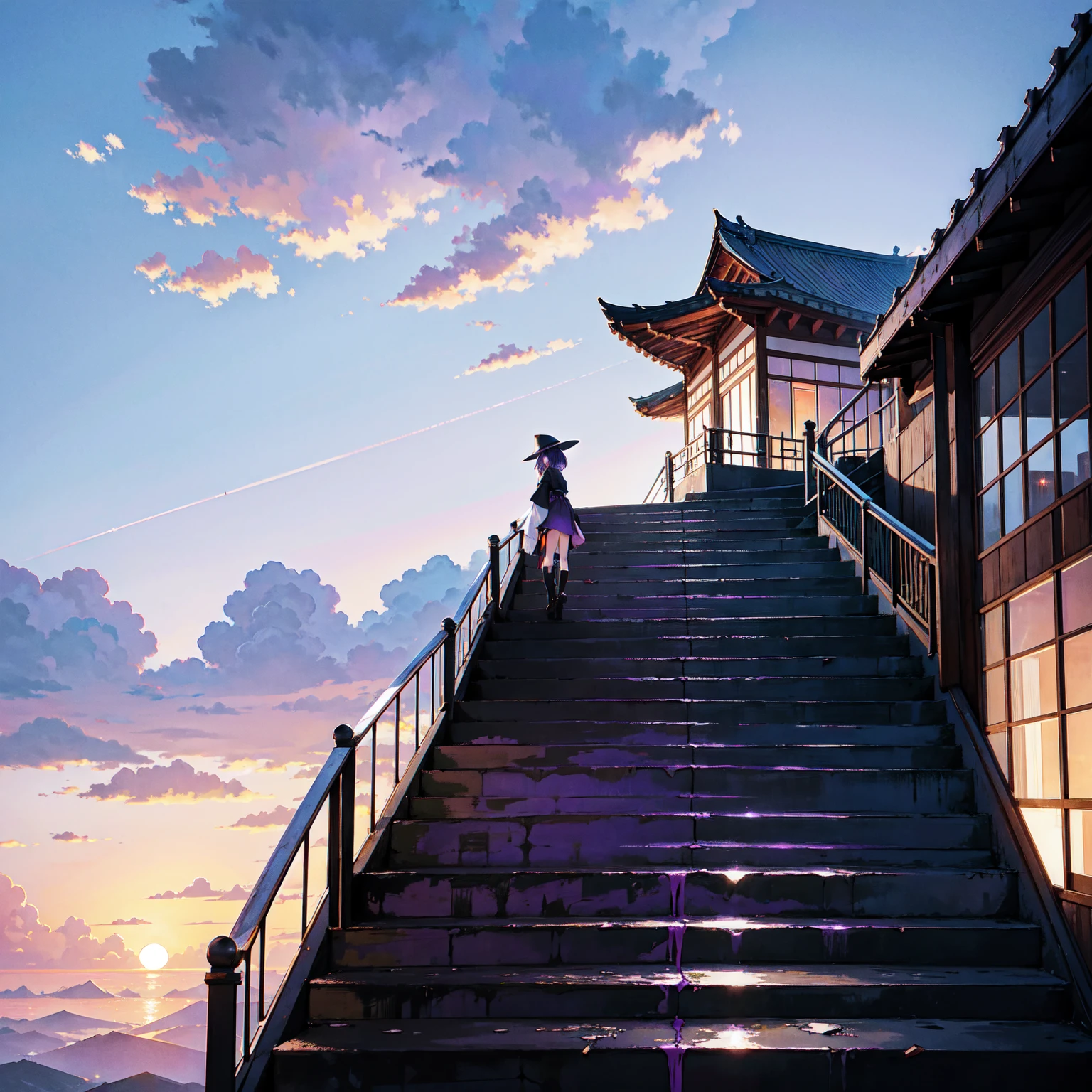 The only structure present in the painting is a simple staircase made of iron. There is no land. There are no walls. The background is nothing but stairs and clouds. A girl with long violet-purple hair. A kind, full smile. Pointy elf ears. Her clothes are simple: a black robe with wide sleeves and a black miniskirt. Her knees are showing. There is a V-shaped white insert in the front, like a kimono. A witch's hat with purple ribbons on each side. Black boots. Background, bright painting, Makoto Shinkai, only endless stairs, stairs above clouds, illustration, nostalgic, vivid, bright, sunset. A maze of connected stairs. A labyrinth of stairs. Not touching land. A simple iron staircase. Decaying old staircase.