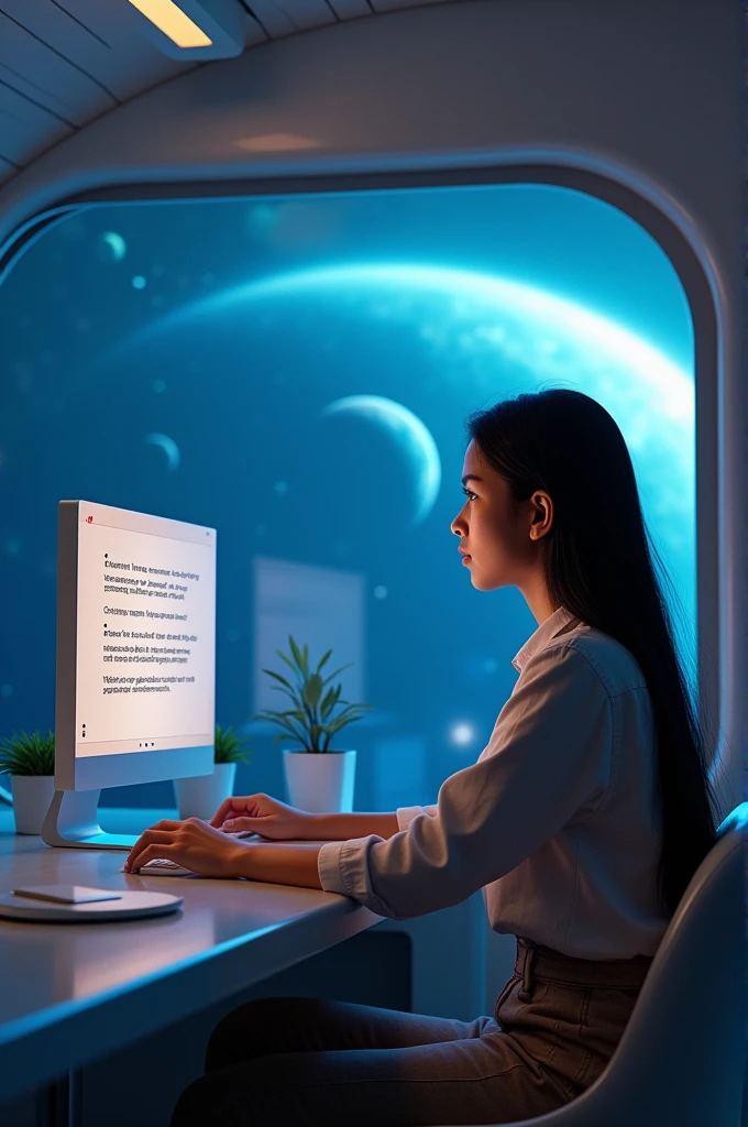 send me a photo of a girl doing skincare in a spaceship and Interstellar through window of the spaceship, a computer screen near her deck showing a message in the screen 'Hey Ashmita, Voyager 1 ahead, establish connection?'
