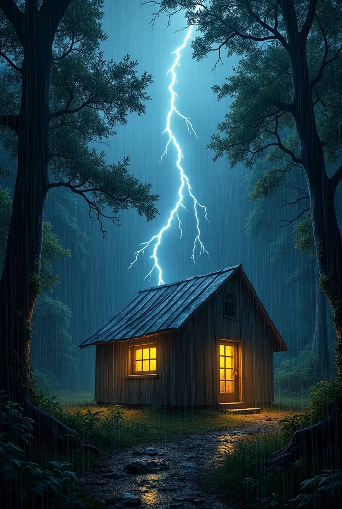 heavy rain in the middle of the forest, you can see rainwater falling and lightning, there is a house with an old style tin roof, at night