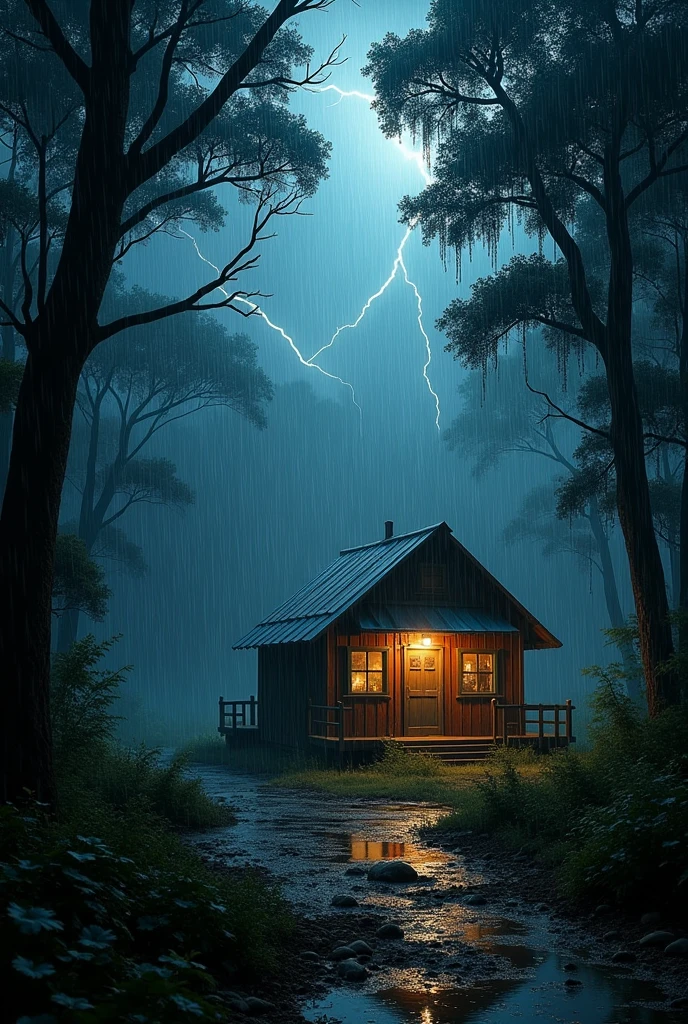 heavy rain in the middle of the forest, you can see rainwater falling and lightning, there is a house with an old style tin roof, at night