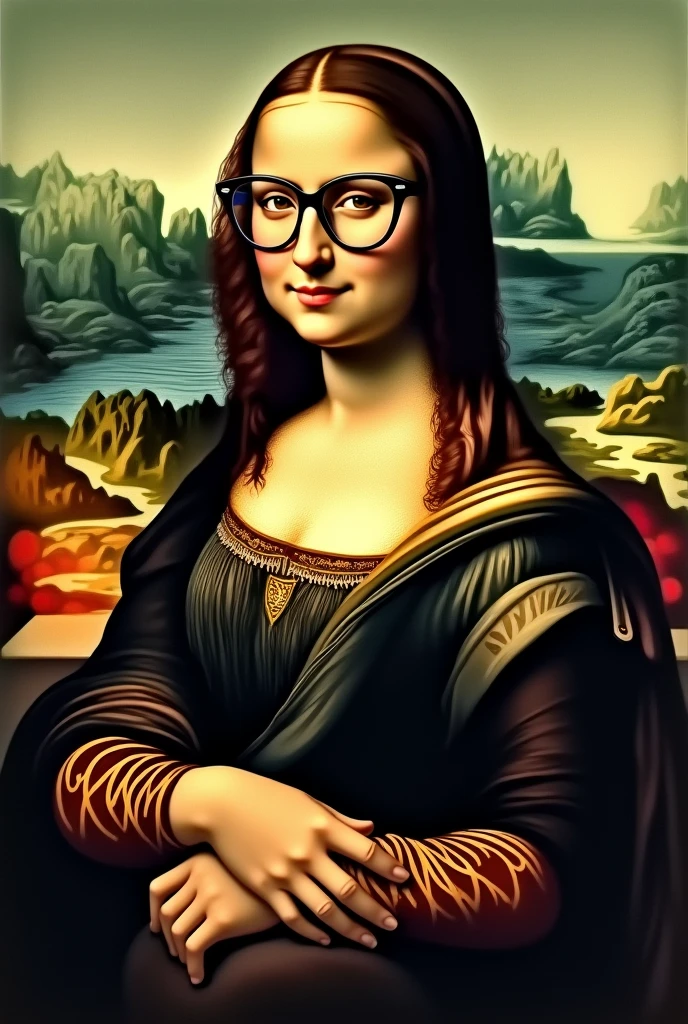 Redesign the Mona Lisa with Juliet glasses and Mandrake clothes