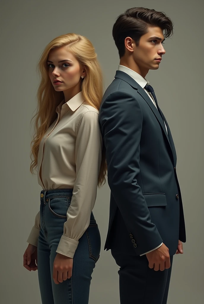 Blond girl with brown eyes next to a black-haired man with blue eyes who are forced to marry and are angry real people