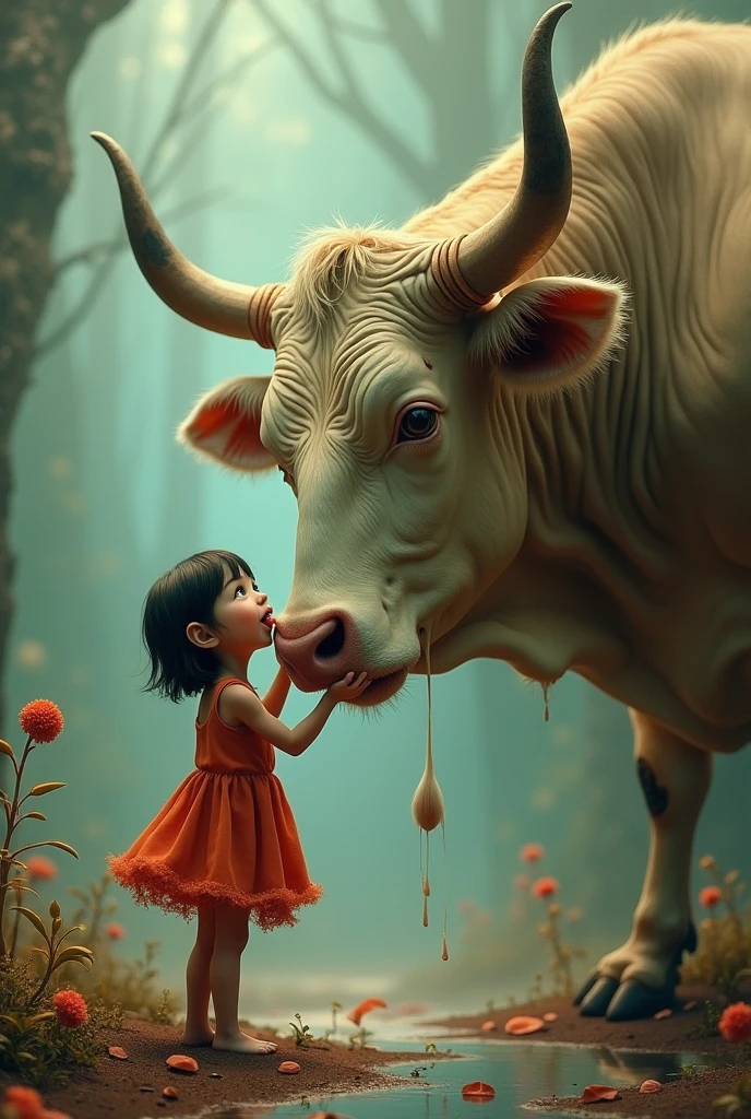 A girl is eating a cow