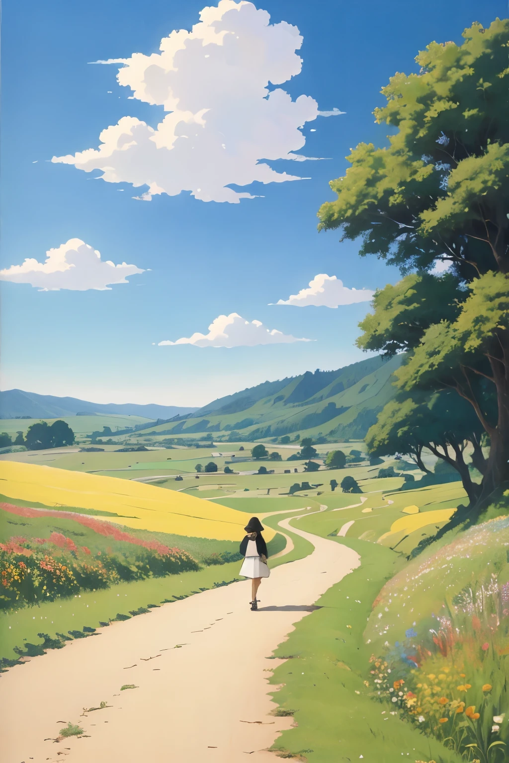 Realistic, Real, Beautiful Girl Walking on the Road,,Beautiful and Amazing Landscape Oil Painting Studio Ghibli Hayao Miyazaki Petals Grassland Blue Sky Grassland Country Road and bulding