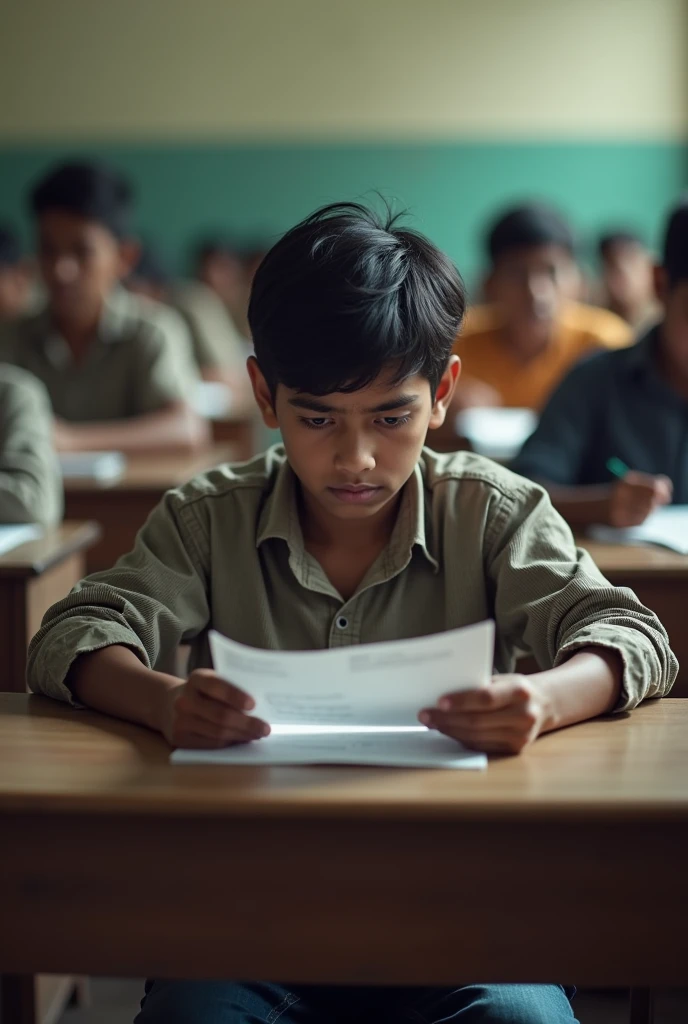 Created a YouTube thumbnail with the title 'What to do after 10th class' in which a 17-22 year old boy is sitting in a classroom reading a question paper and his eyes are on the paper, there are 30 to 40 people behind him, and the view has become blurred. Indian environment.