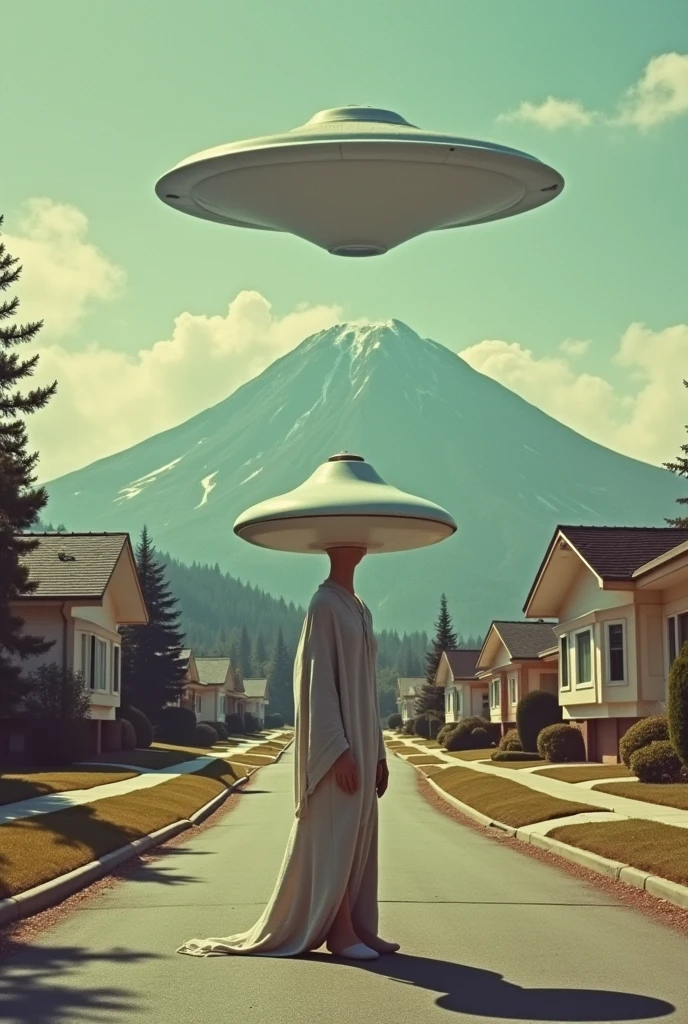 creature with flying saucer head, mountain and big flying saucer on the background, 1960s neighborhood, pastel colors, surreal atmosphere, dreamcore, raw photo, film grain, aerial shot, shot using 1960s camera