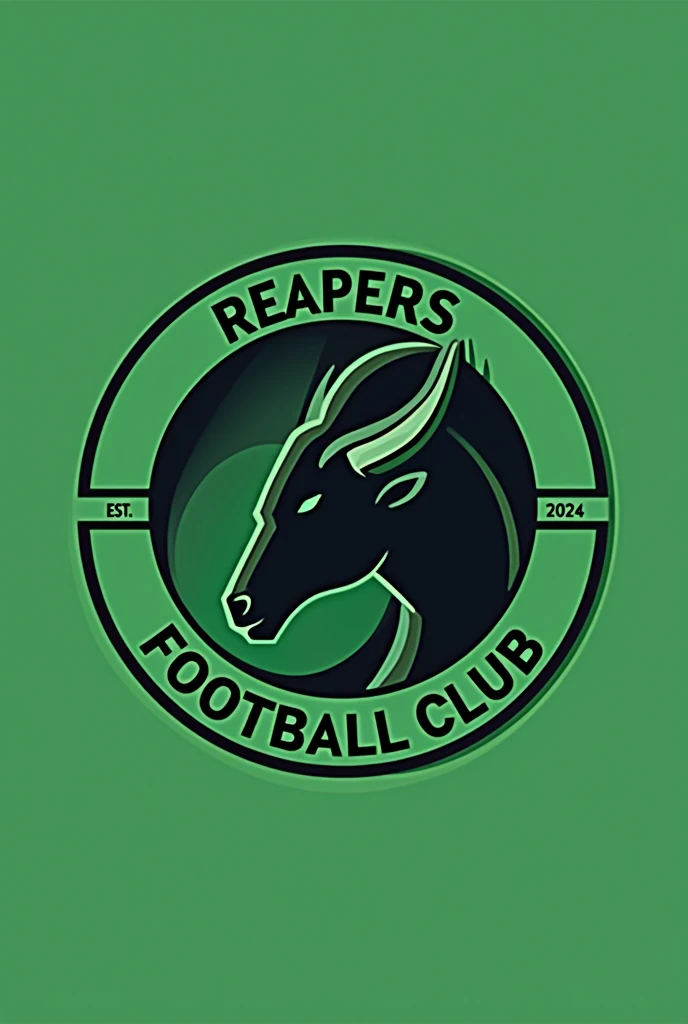 minimalist Football club logo named Reapers Football Club EST 2024 with bull and soccer ball and color green, black and white combination. make it circle