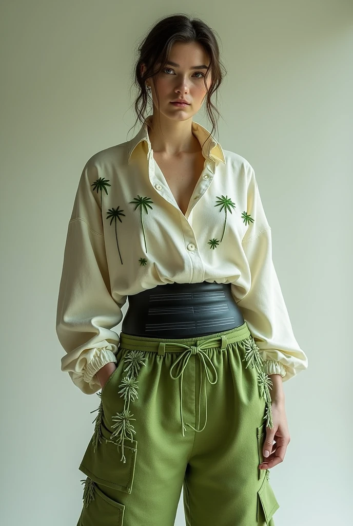 A ### Eco-Futurism Inspired Outfit
**Sample Sketch Description**
- **Top**: Flowing, organic cotton blouse with plant-inspired patterns, dyed using eco-friendly dyes. The blouse features flowing sleeves and a high, soft collar.
- **Bottom**: Loose-fitting bamboo fabric pants with leaf-like embellishments and an integrated solar panel belt for powering small devices.
- **Accessories**: Solar-powered accessories, biodegradable jewelry made from recycled plastics.
- **Footwear**: Organic cotton shoes with bamboo soles, incorporating natural textures and forms.
**Materials Needed**
1. Organic cotton
2. Recycled plastics
3. Bamboo fabrics
4. Eco-friendly dyes
5. Solar-powered accessories
**Inspired From**
- Nature: Bioluminescent organisms, sustainable ecosystems.
- Designers: Stella McCartney, Eileen Fisher.
- Technology: Renewable energy, sustainable materials.