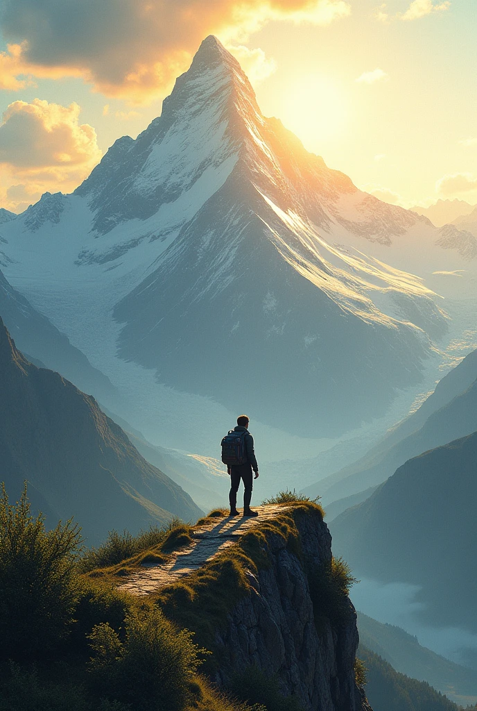 In the center of the image, a snow-capped mountain rises majestically, its peaks resembling giants lost in the clouds. At the base of the mountain, a path winds through the vegetation, inviting the observer to begin the ascent.
On this path, a person stands tall, their silhouette cut against the majestic background. Their posture denotes determination, with shoulders held high and eyes fixed on the summit. Around it, rays of golden light radiate, illuminating their figure and creating an aura of inspiration.
Beyond the trail, a fertile and green valley stretches out, remembering that the journey to the summit is not solitary, but accompanied by beautiful and vibrant landscapes. Maybe, In the distance, other travelers are glimpsed, climbing with the same resolve, sharing the experience of overcoming challenges and reaching new heights.
The palette of colors conveys a feeling of hope and strength. The warm tones of the sky blend with the cold white of the snow, creating a contrast that evokes the idea of balance between challenge and reward.