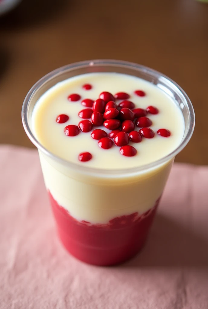 Pudding with red beans on top in a clear plastic cup