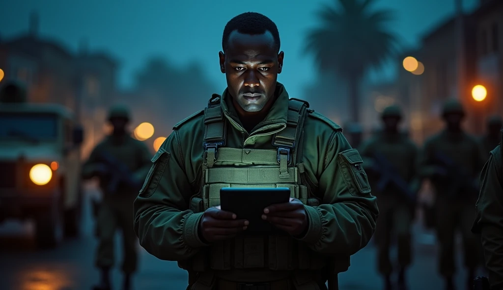 kenyan army with a tablet on his hand ordering soldiers at night with armored vehicles