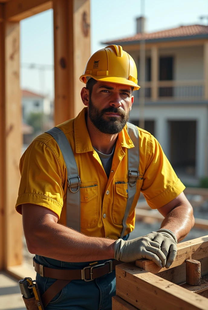 Create a male character working on a house construction site wearing a yellow uniform and an architect's helmet