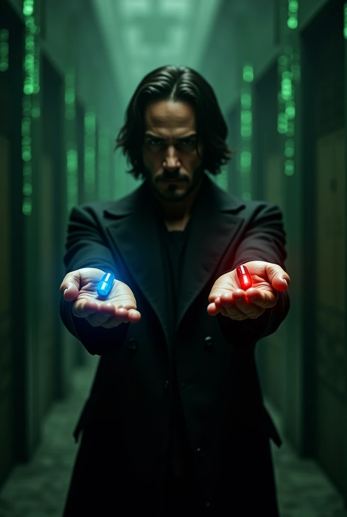 An image depicting a scene inspired by The Matrix where a character John wick is holding out two pills, one in each hand. The character should be dressed in a black trench coat, with a futuristic and dark atmosphere, similar to the iconic scene. The left hand holds a blue pill, glowing softly, while the right hand holds a red pill, glowing more intensely. Speech bubble sayings "Blue for flux Red for Infinity", The background should be a dark, digital-themed environment, with hints of green code streaming down like in The Matrix