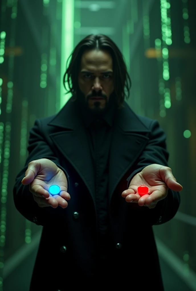 An image depicting a scene inspired by The Matrix where a character John wick is holding out two pills, one in each hand. The character should be dressed in a black trench coat, with a futuristic and dark atmosphere, similar to the iconic scene. The left hand holds a blue pill, glowing softly, while the right hand holds a red pill, glowing more intensely. Speech bubble sayings "Blue for flux Red for Infinity", The background should be a dark, digital-themed environment, with hints of green code streaming down like in The Matrix