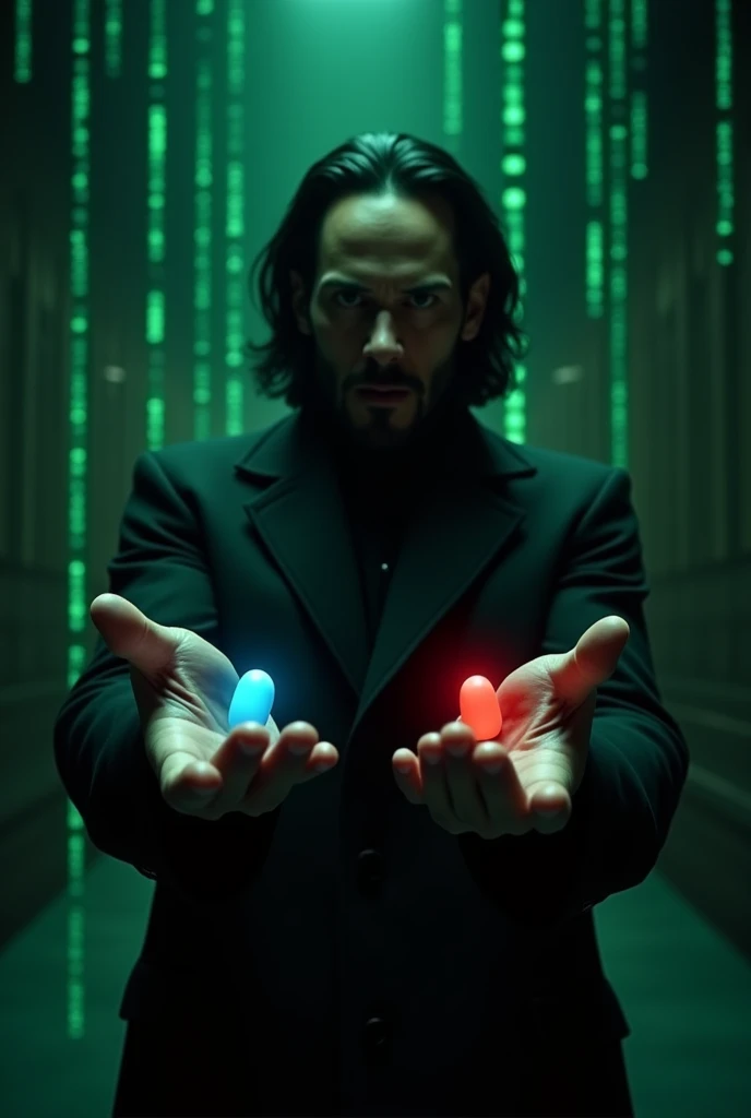 An image depicting a scene inspired by The Matrix where a character John wick is holding out two pills, one in each hand. The character should be dressed in a black trench coat, with a futuristic and dark atmosphere, similar to the iconic scene. The left hand holds a blue pill, glowing softly, while the right hand holds a red pill, glowing more intensely. Speech bubble sayings "Blue for flux Red for Infinity", The background should be a dark, digital-themed environment, with hints of green code streaming down like in The Matrix