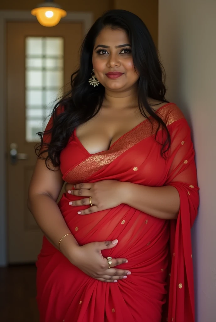 27yo tamil light chubby milf + red saree+uncovered navel+deep clevage + bitting fingers