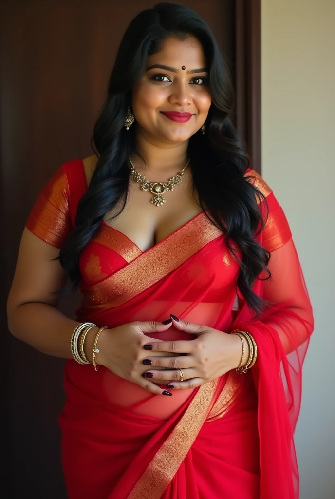 27yo tamil light chubby milf + red saree+uncovered navel+deep clevage + bitting fingers