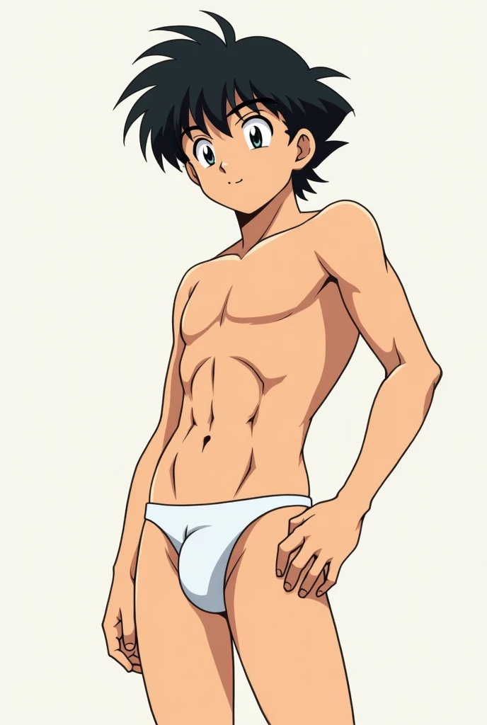Draw seshomaru from Inuyasha, man with a white thong where his entire package is visible with an angle of view below his crotch
