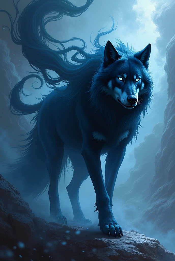 A majestic anime-style wolf of black smoke with anime-style blue eyes