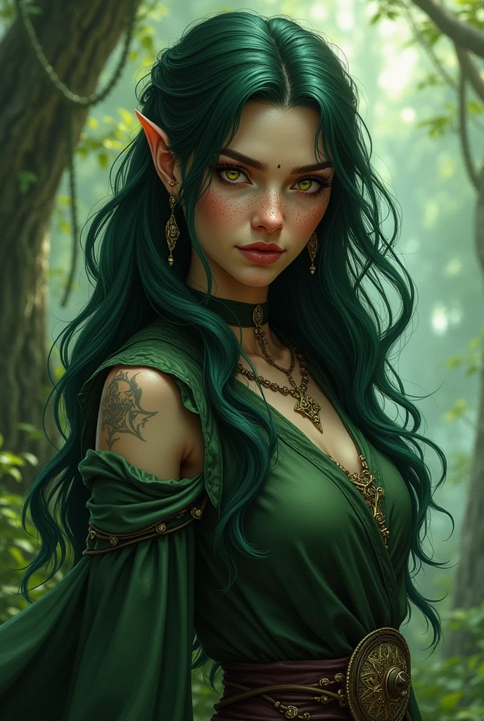 Female fantasy character
Sorcerer and druid
Dark green hair, yellow eyes, visible freckles in comfortable clothes