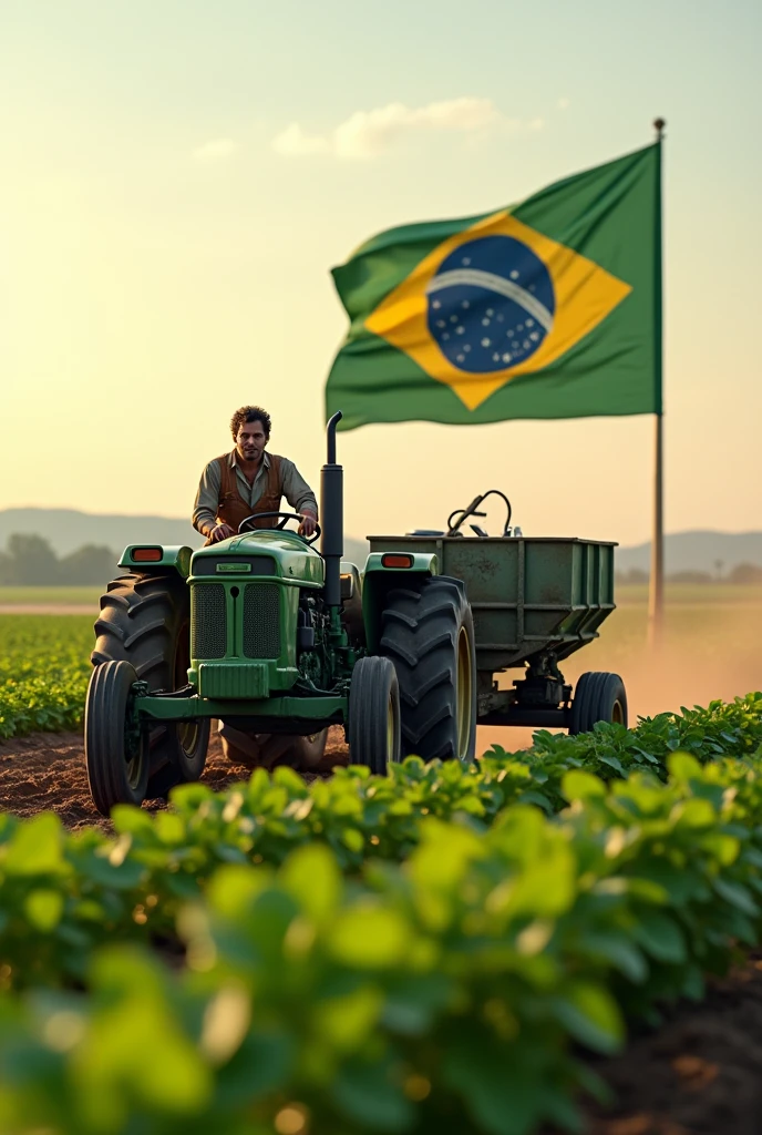 4K image of a Producer with a tractor and planter in a soybean field with the Brazilian flag in the background