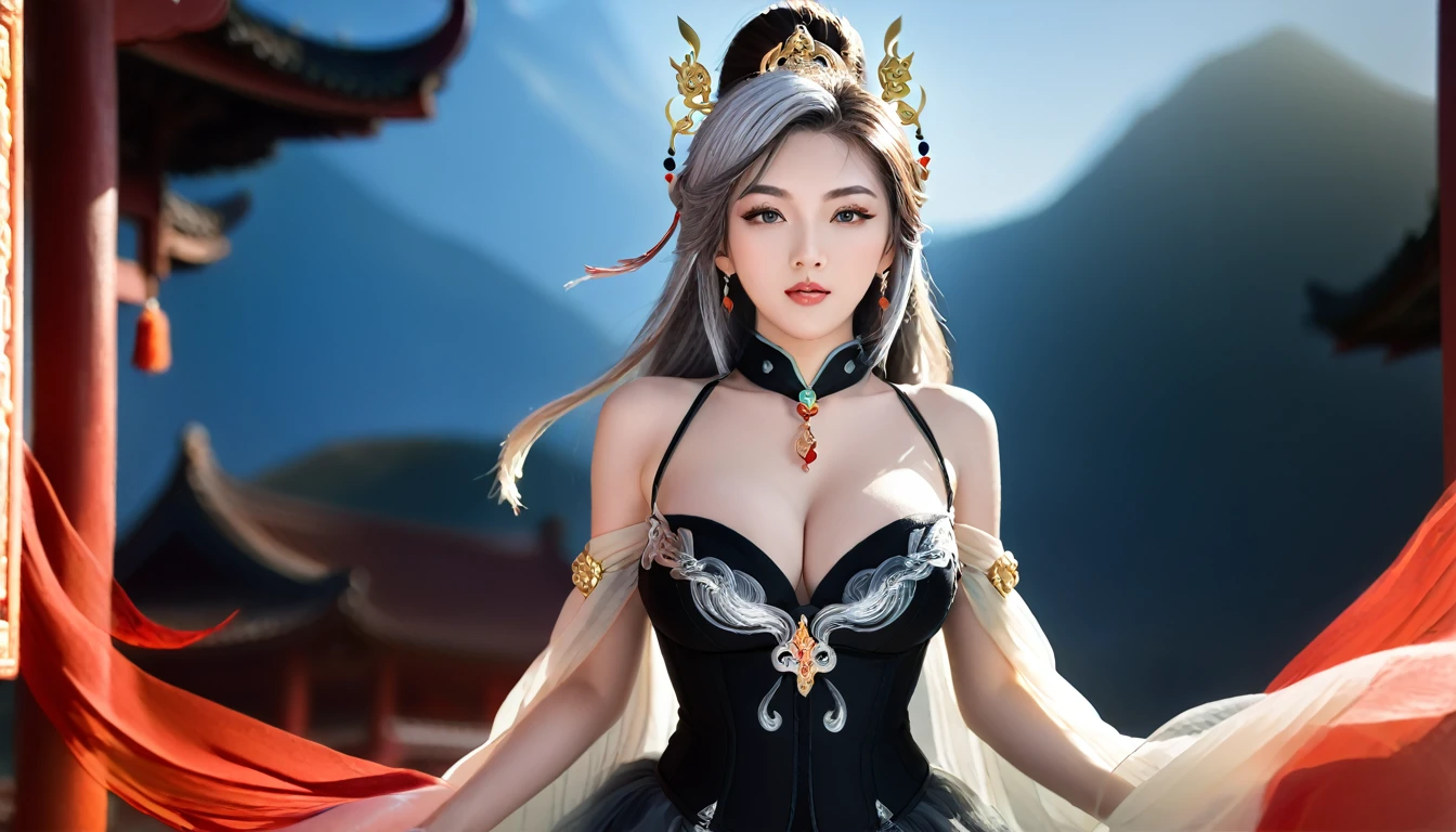 high quality,HD,16K,Sharp Line,1 Girl,fantasy, （Fire Spirits）,Pretty Face, Large Breasts, Beautiful legs,In the mountains,Focus Girl,detailed Pretty Face,Detailed clothes,beautiful eyes,Cool,Sexy,Dynamic Angle,穿着华服的神明Strike a pose拍照, Ancient mysterious sexy goddess, Traditional beauty woman, Beautiful female warrior god of war , Beautiful sexy goddess, Gorgeous role-playing, high, Beautiful young girl, Beautiful woman, 华丽Beautiful woman, Complex clothing,Chinese Mystical Aesthetics, Beautiful Asian ancient mysterious girl, Extremely detailed shot of the goddess, Jaw-dropping sexy beauty, Big breasts deep neckline sexy belly button（butt), (bedroom), (Sexy Girls), masterpiece, best quality, Bangs, blush, Chest, clavicle, Eyebrows visible through hair, (Gradient red and gold hair), Jewelry, Long hair,Bright Eyes, ring, (solitary), illustration, fashionable, miss, Strike a pose, background, element, confident, Express, Accessories, majestic, striking, key point, Dynamic poses, ((plump)), (black))Woman in transparent dress,Viewer,(((Full breasts, Keeley University))),Slim waist,(Navel exposed,Bare waist), Long hair, extreme detailed details, 详细的fantasy艺术, Stunning character art, Beautiful and exquisite character art, Beautiful transparent dress, Very detailed, Large Breasts，Chest，Golden ratio figure，Beautiful figure，Ultra wide-angle shooting，Full body shot拍摄，Body close-up，Full body shot，Wearing a pleated tulle skirt，柔和动漫illustration, 柔和的深色background，Fujifilm XT3 Clear focus, f 5.6, High Detail, Clear focus,(Wearing openwork clothing),, (Natural light), (Tempting)translucent, Good velvet quality, Compared, Divine Light,, Silver hair, 天空background, Absolute Strength,Female Shinmei，穿着性感丝绸的Female Shinmei,，Large Breasts，Chest，Golden ratio figure，Beautiful figure，Ultra wide-angle shooting，Full body shot，Body close-up，Full body shot， Wearing a tulle dress, Model shooting style, Large Breasts，饱满Chest，Golden ratio figure，Beautiful figure，(Extremely detailed CG 8k wallpaper unit), The most beautiful artistic photos in the world, , 8K 超HD, ) on the beach，Sexy lazy posture，Sexy seductive expression，best quality,masterpiece,Ultra-high resolution,(Practical:1.4),original photo,Ultra-high resolution