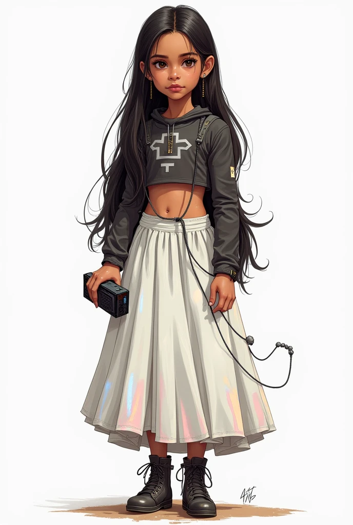 Female  with indigenous features and long dark hair with headphones wearing a long-sleeved cropped top with metal details and accessories. White voluminous skirt with holographic finish. She is a gamer and represents the future. Full body sketch 