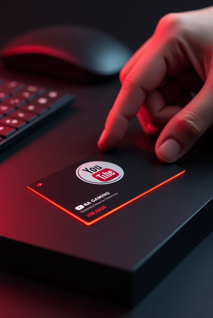 Create a youtube profile on glass id card on a Black desk displaying youtube logo and realistic profile photo of a RA GAMEING LOGOin circle and "RA GAMEING" is written in bold fonts under the profile photo and 100k subscribes written, the youtube card is glowing in red color on the edge, One corner is held with two fingers..