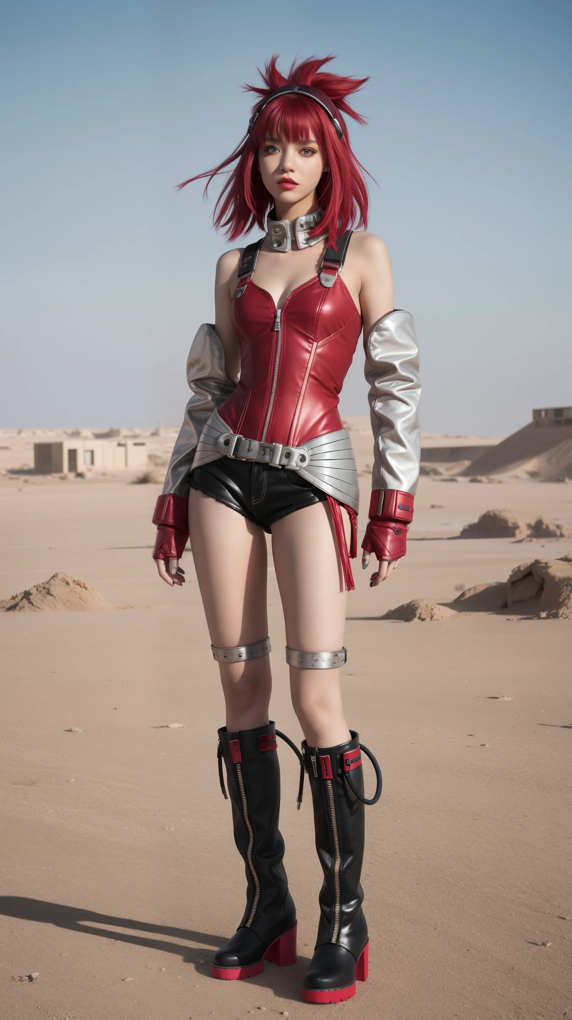 A girl posing in front of a deserted wasteland:1.3. she is wearing dust, colorful outfits with a futuristic, cyberpunk aesthetic. The overall mood is playful and energetic. Silver boots, red twirl hair with bangs, jean Paul Gaultier, clut studio, the themed color is black and red maroon