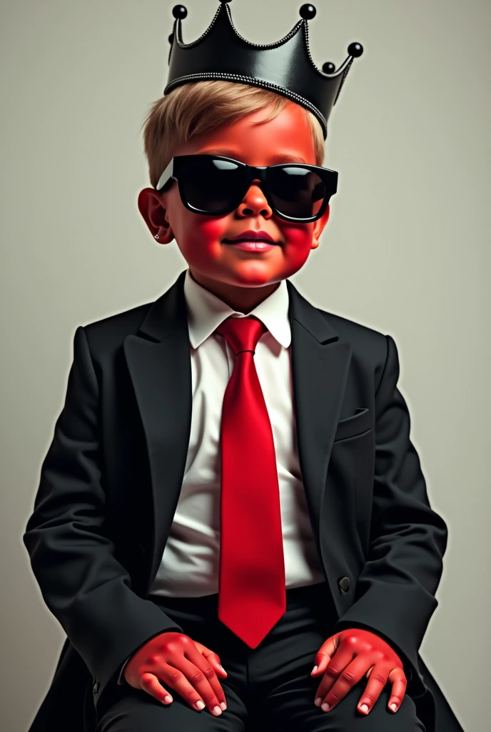 A boy wearing white shirt black coat and pant full red face and wearing black sunglasses in a sitting position and wearing a crown and a red tie 
 