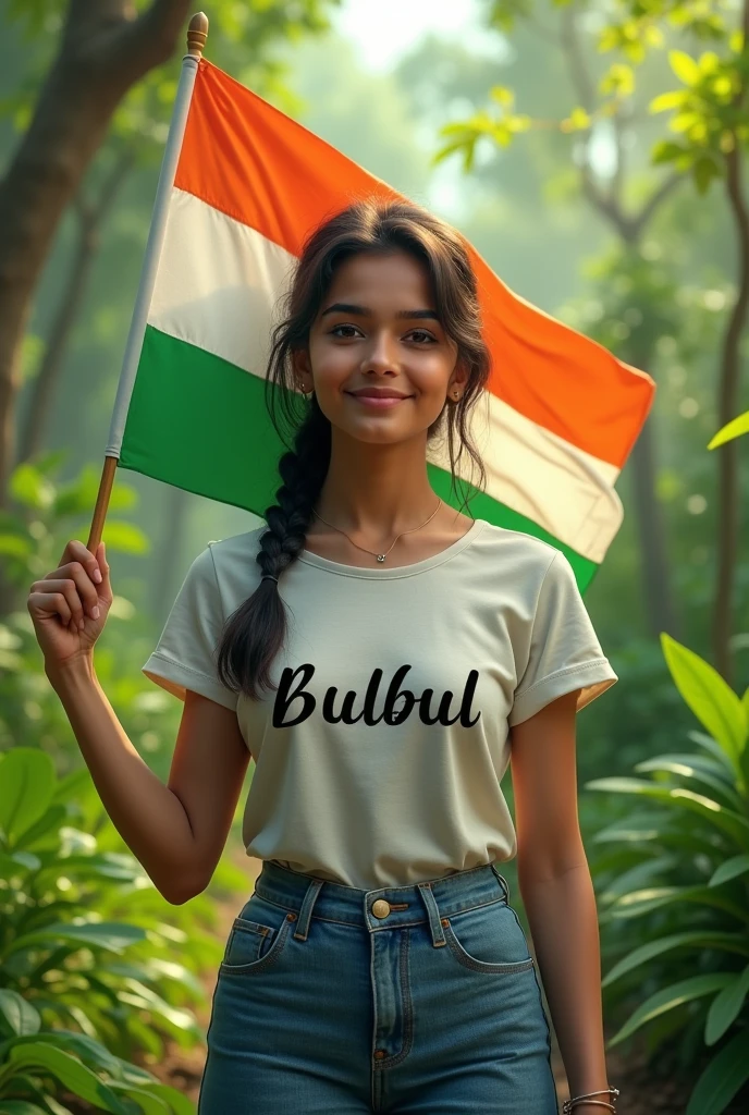 A 20 year girls wearing Indian t shirt with name Bulbul on her t shirt holding Indian flag. She is standing on beautiful green place where many plants planted