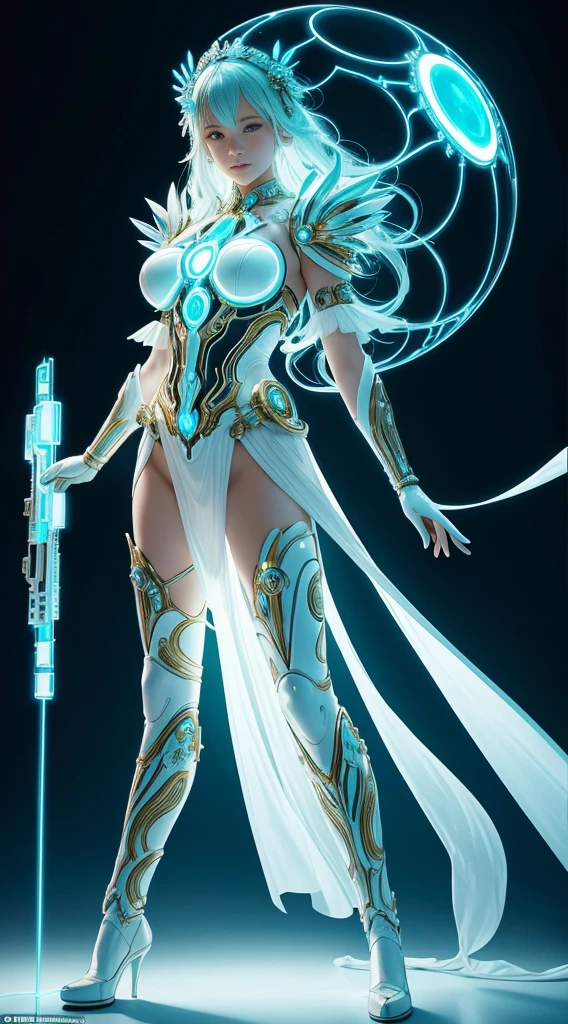 Magical goddess android cybernetic bioluminescent futuristic aphrodite, ivory and gold, designed by Rei Kawakubo, team lab and Bruce Munro, Bright bioluminescence, Magnificent portrait of an ethereal model, Change of inclination, intricate details, chiaroscuro, luminismo, holding a futuristic assault rifle, Broken glass effect, No background, stunning, something that doesn't even exist, Being mythical, energy, molecular, Textures, Iridescent and luminescent scales, Belleza Awesome, Pure perfection, Divine Presence, unforgettable, Awesome, Belleza Awesome, volumetric light, Have, good heavens, Reflections of bright colors, Broken glass effect, No background, stunning, something that doesn't even exist, Being mythical, energy, molecular, Textures, Iridescent and luminescent scales, Belleza Awesome, Pure perfection, Divine Presence, unforgettable, Awesome, Belleza Awesome, volumetric light, Have, good heavens, Reflections of bright colors