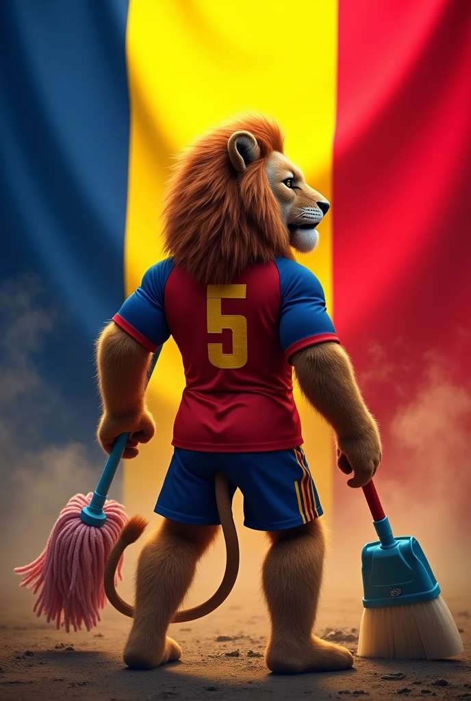 I wanted to create an image of the Romanian flag with the official mascot of the Romanian national team facing away from the audience wearing the number 5 and the letter s on the shirt, with cleaning supplies symbolizing a war against dirt.