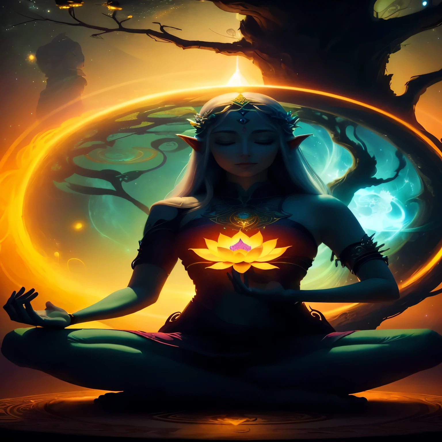 a woman sitting in lotus position with a bright light around her, elven spirit meditating in space, zen méditation cyberpunk, glowing inside, Hindu meditation stages, by Cirilo Rolando, elven angel meditating in space, inspired by Cirilo Rolando, lotus pose, Spiritual Enlightenment, the spirit of ayahuasca, wearing psychedelic wicca