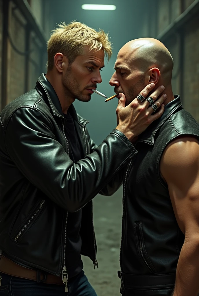 A blond man with green eyes wearing a black leather jacket is putting a cigarette in the mouth of another man who is shaved and wearing a black leather vest. They both wear metal rings on their fingers.