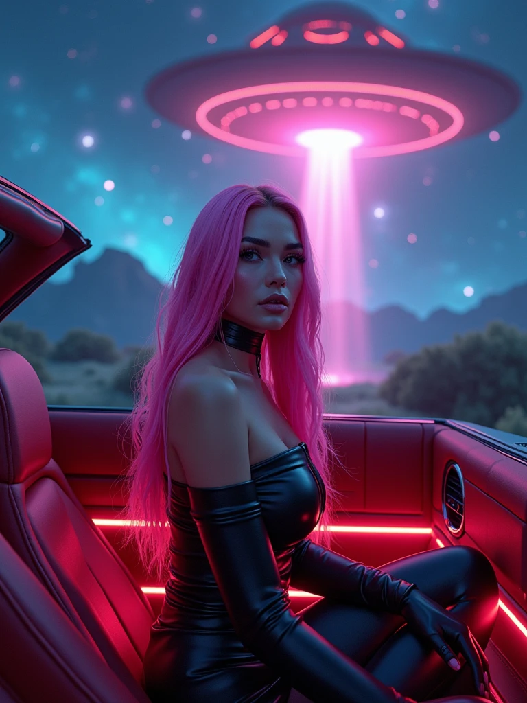 Mulher de cabelo longo rosa, noite, néon, disco voador, rapto, fundo da galáxia, néon lights, roupas pretas com led, 4K (photorealism:1.2), beautiful woman sitting in a convertible, wearing an off-shoulder top, interior, soft lighting, an empty road in the background, sunlight, luxury car relaxed pose, realistic, intricate details, warm colors, hair is pink