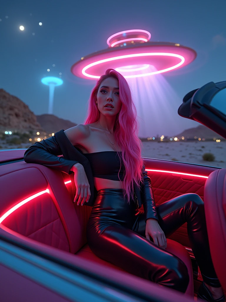 Mulher de cabelo longo rosa, noite, néon, disco voador, rapto, fundo da galáxia, néon lights, roupas pretas com led, 4K  (photorealism:1.2), beautiful woman sitting in a convertible, wearing an off-shoulder top, interior, soft lighting, an empty road in the background, sunlight, luxury car relaxed pose, realistic, intricate details, warm colors, hair is pink