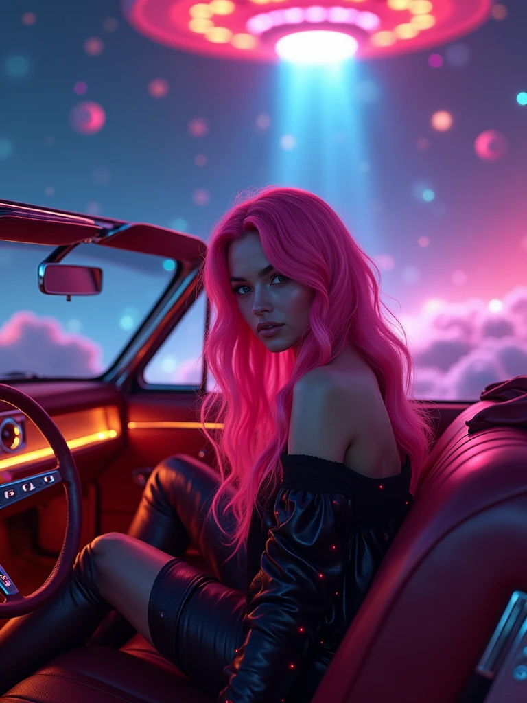 Mulher de cabelo longo rosa, noite, néon, disco voador, rapto, fundo da galáxia, néon lights, roupas pretas com led, 4K  (photorealism:1.2), beautiful woman sitting in a convertible, wearing an off-shoulder top, interior, soft lighting, an empty road in the background, sunlight, luxury car relaxed pose, realistic, intricate details, warm colors, hair is pink