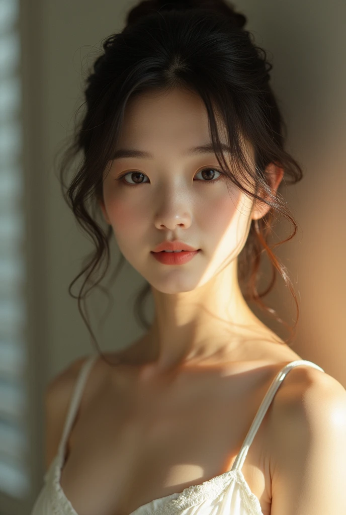 An elegantly dressed Japanese woman in natural light、A close-up showing the size of her breasts、It shows her inner peace and outer charm.。