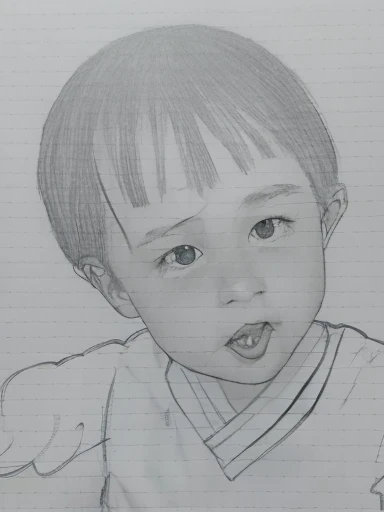 Realistic color photography style、Smiling emphasizes nasolabial folds. Make the chin a little thinner and accentuate the nasolabial folds.、I want it to look more like a color photograph...........。3 year old boy, Xu々To、Clearly visible、Emphasizes deep nasolabial folds from nose to mouth、Generate left and right dimples、Show me your beautiful smile.。Make your eyes look cute with double eyelids.more more more、Generate a color photo。Please make it live-action。Propping my cheek with my right hand、Lost in thought。