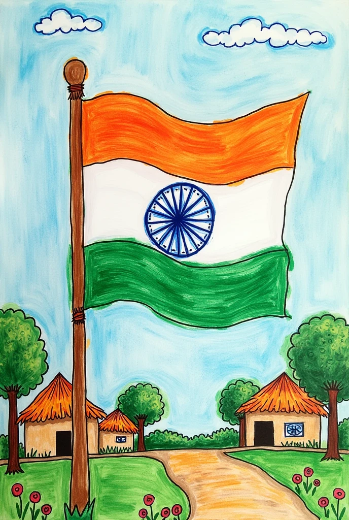 India flag drawings by hand easy with village theme, note : the should look like drawn with hand
Should look like drawn by 6 to7 tears kids