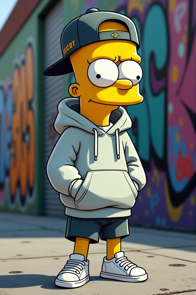 Bart Simpson, look streetwear moderne, portant un sweat à capuche oversized, casquette de baseball à l'envers, sneakers blanches, attitude décontractée, arrière-plan urbain avec graffitis.