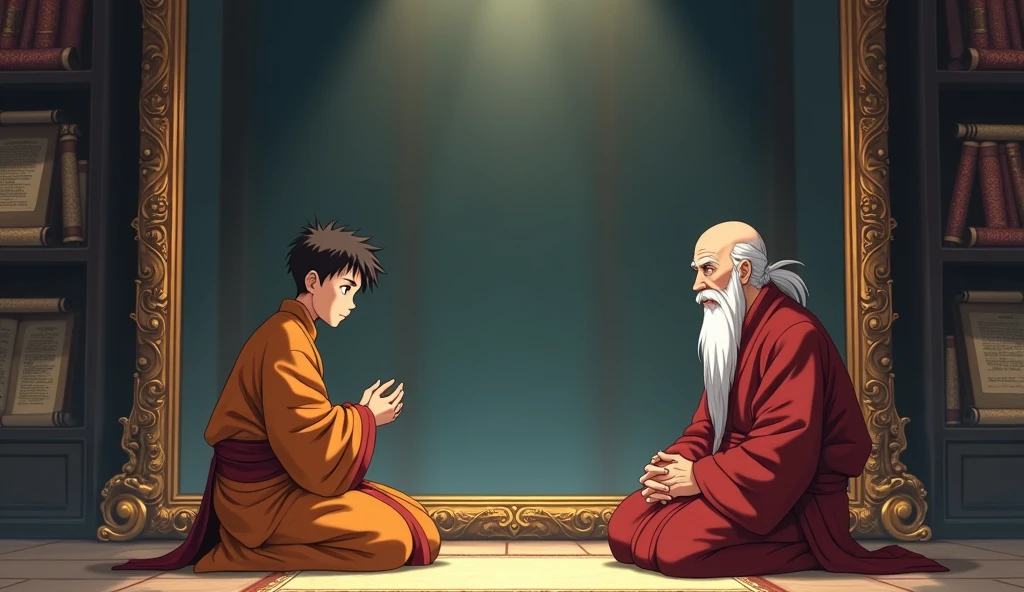 Young monk student sitting with his old master monk in from of huge mirror in a room, in anime style,