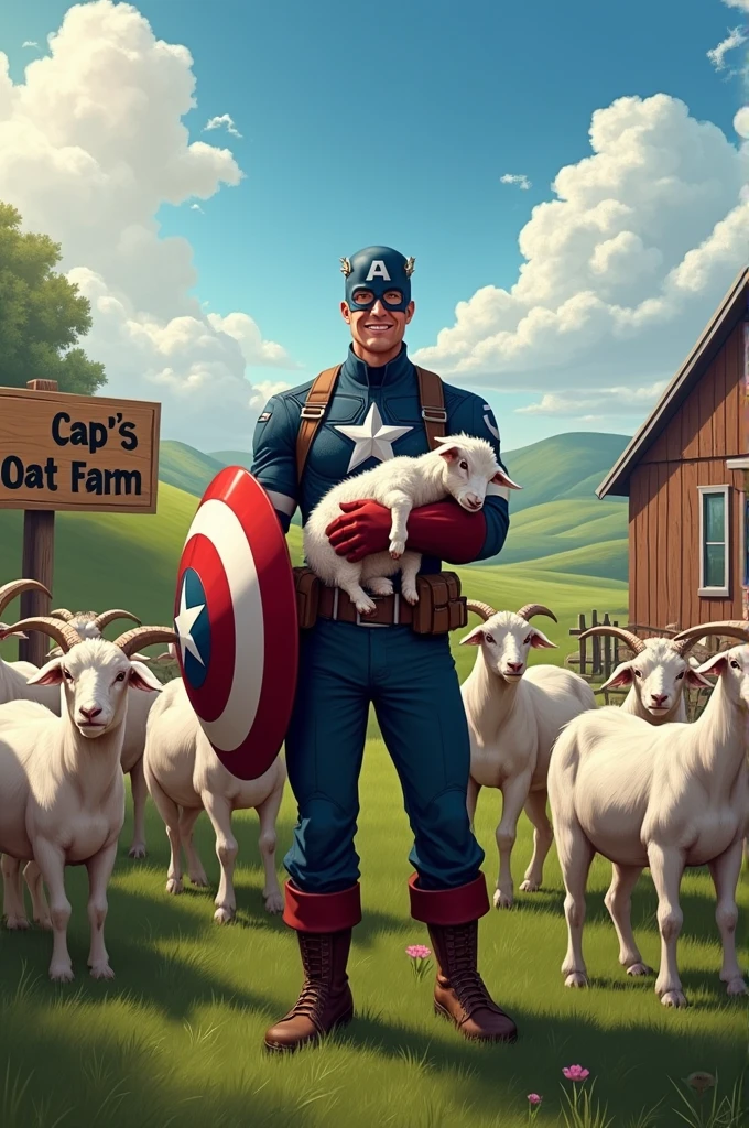 "Captain America is standing in a rural, pastoral setting, surrounded by a herd of goats. He’s dressed in a casual outfit, but still wearing his iconic shield on his back. He is holding a small goat gently, looking pleased and focused on his new venture. The landscape includes rolling green hills, a wooden barn, and a rustic farm sign that reads 'Cap's Goat Farm.' The scene is set under a bright, clear blue sky, with a few clouds and the sun shining down, creating a peaceful and prosperous atmosphere."