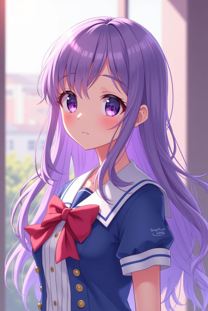 make a beautiful anime girl with a cute uniform with long waivy purple hair and purple eyes