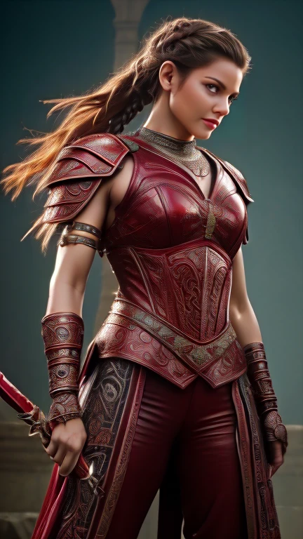Tall muscled defined woman, detailed armor, red and gold engraved leather Cuirass, intricate designs on the Cuirass, intricate Cuirass engravings, imposing and powerful stance, fierce expression, red wild mane braided hair, dynamic pose, intense battle scene, fantasy setting, vibrant colors, dramatic lighting, epic atmosphere, mythical creatures in the background, magical effects surrounding the sword, attention to anatomy and facial features, iconic use of highlights and shadows, capturing emotion, masterful composition, portraying strong female characters. (best quality, 4k resolution, highres, ultra-detailed, photorealistic:1.37), HDR lighting, studio-quality rendering, professional-quality artwork based on yoshitaka amano work.